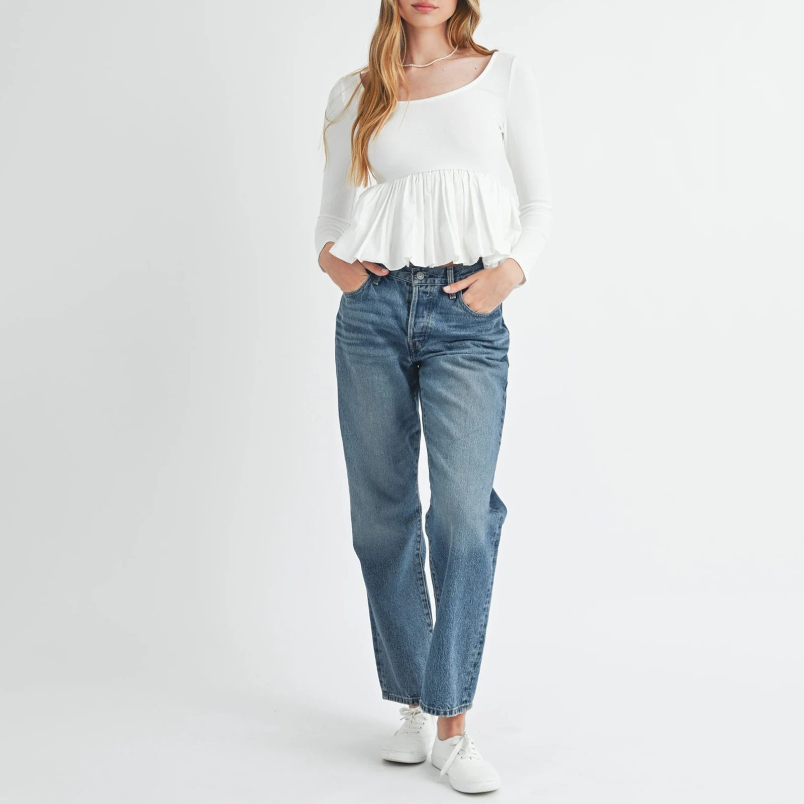 Vrouwen Peplum Tops met lange mouwen Casual effen kleur Verstoorde zoom Basic shirtblouses voor Club Streetwear Esthetische kleding