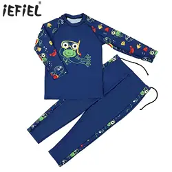 Boys 2Pcs Swimsuit Swimwear Beachwear Bathing Suits Long Sleeve Swim Top with Drawstring Pants Set Fish Print UPF 50+ Rash Guard