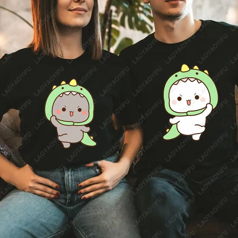 

Couple Shirts Cute Peach Cat and Grey Grey Dinosaur Graphic Tshir Kawaii Combination Love Couple Tshirt Cotton Unisex T-Shirt