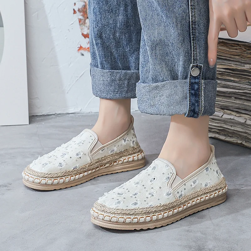 Woman Shoe Platform Loafers Flax Slip On Linen Summer Casual Snaker Microfiber Lightweight Comfortable Fishing Shoes