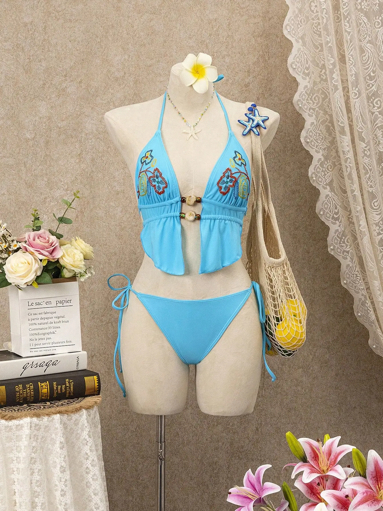 

Летний женский комплект бикини из 2 предметов для пляжного отдыха с вышивкой, цветочным узором и глубоким V-образным вырезом