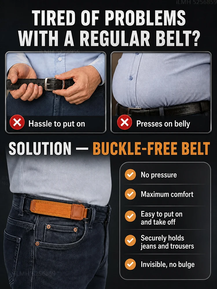 iLMH Adjustable No-Buckle Elastic Belt for Men & Women Invisible Metal Hook Side Belt Comfort Stretch Waistband for 1.5" Loops
