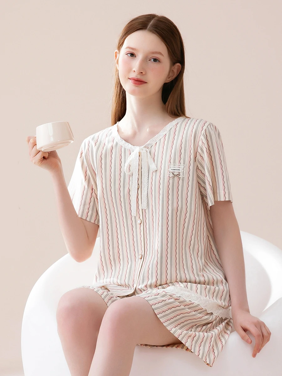 fenteng-women's-summer-sleepwear-loose-cotton-short-sleeve-pants-set-with-stripe-trim-sweet-home-clothes-cardigan-style