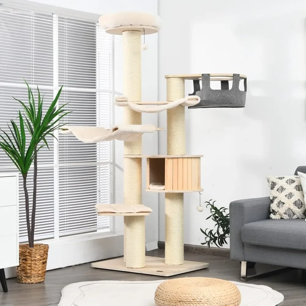 Cat Tree, Multi-Level Modern Cat Tower with Sisal Scratching Posts,Hammocks, Hanging Basket, and Jingling Balls, Cat Tree Tower