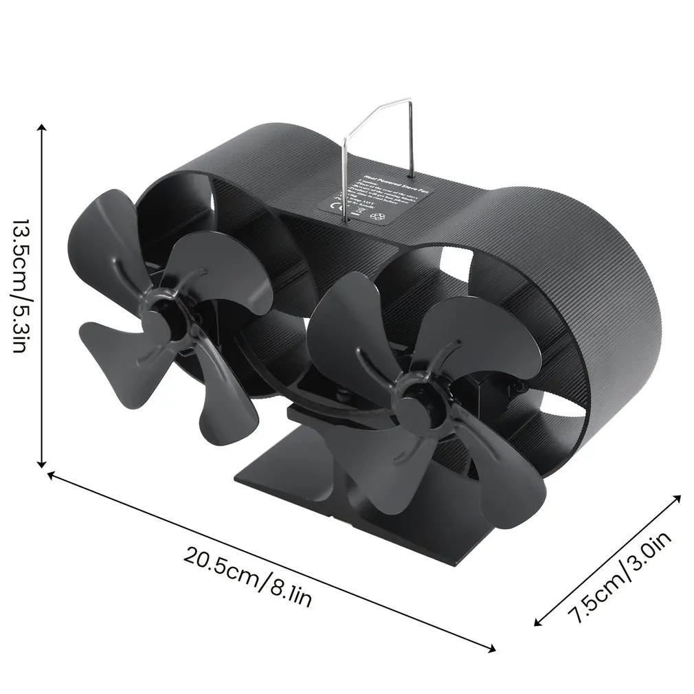 Double Headed Pattern Fireplace Fan Black Stove Fan Quiet Denoise House Double Head 8-blade Twin Thermal Power Ventilation