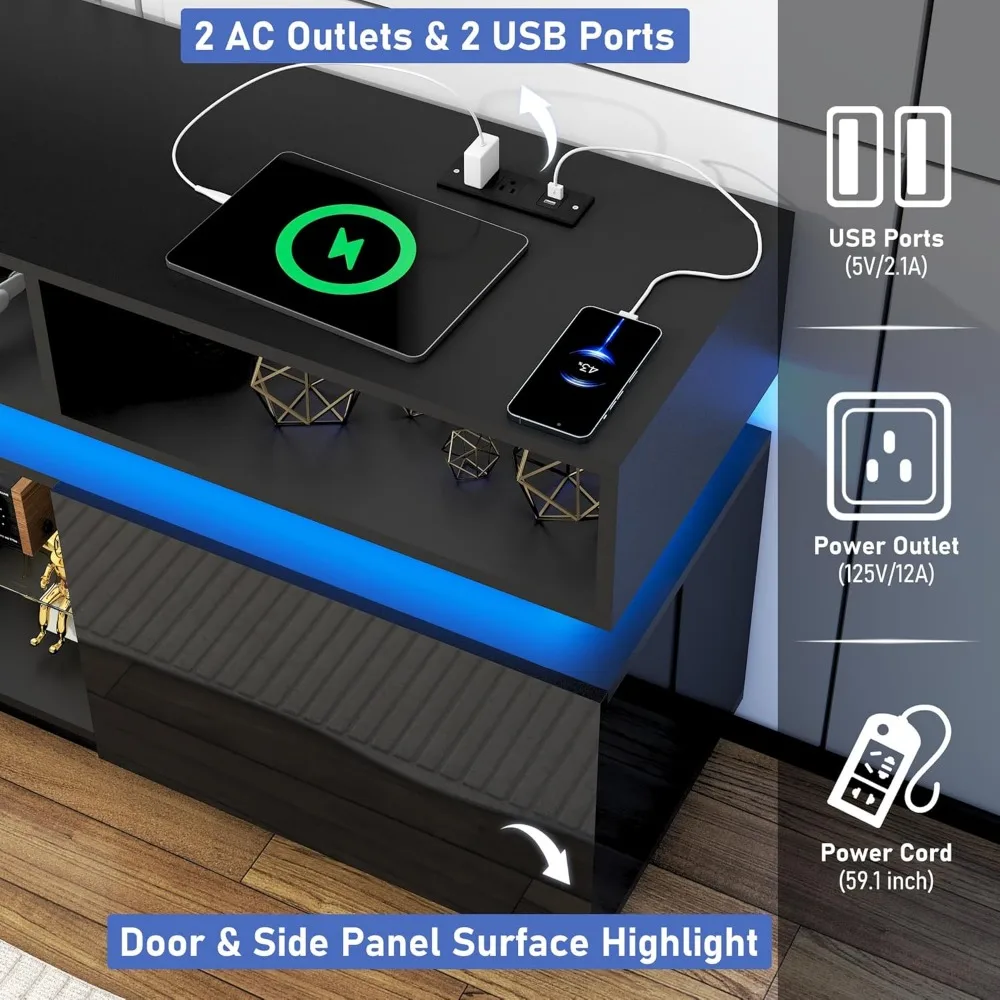 حامل تلفزيون LED حديث طويل القامة لأجهزة التلفاز مقاس 75 بوصة، ومركز ترفيه مع منافذ طاقة، ووحدة تحكم وسائط ألعاب عالية اللمعان