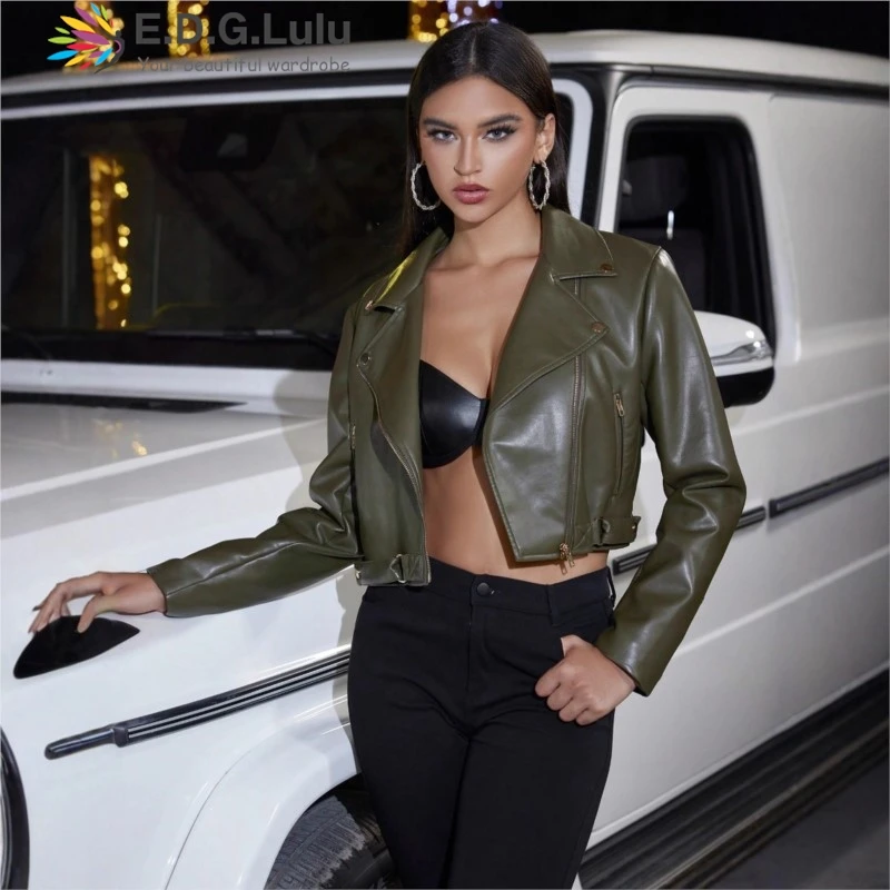 

EDGLuLu модная короткая мотоциклетная кожаная куртка на молнии с отложным воротником, женская короткая куртка из искусственной кожи с длинными рукавами 0811