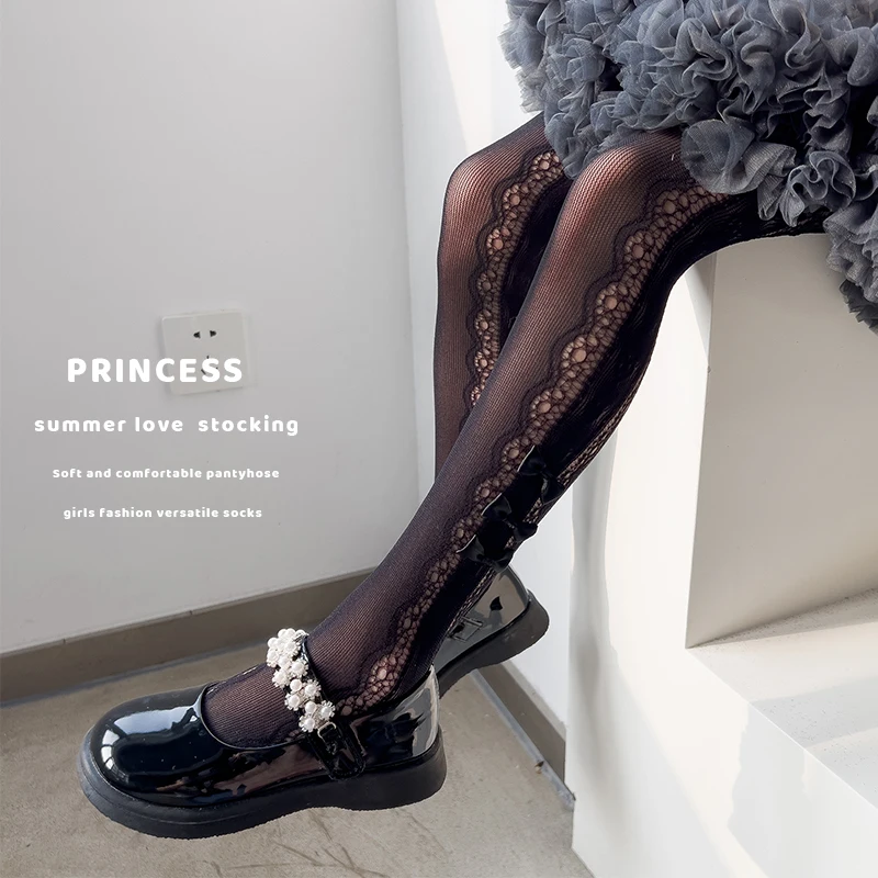 Summer Thin Footed Tights For Princess Girls Featured Heart Hollow Lace And Cute Triple Bow Accent Lightweight Stretch Pantyhose