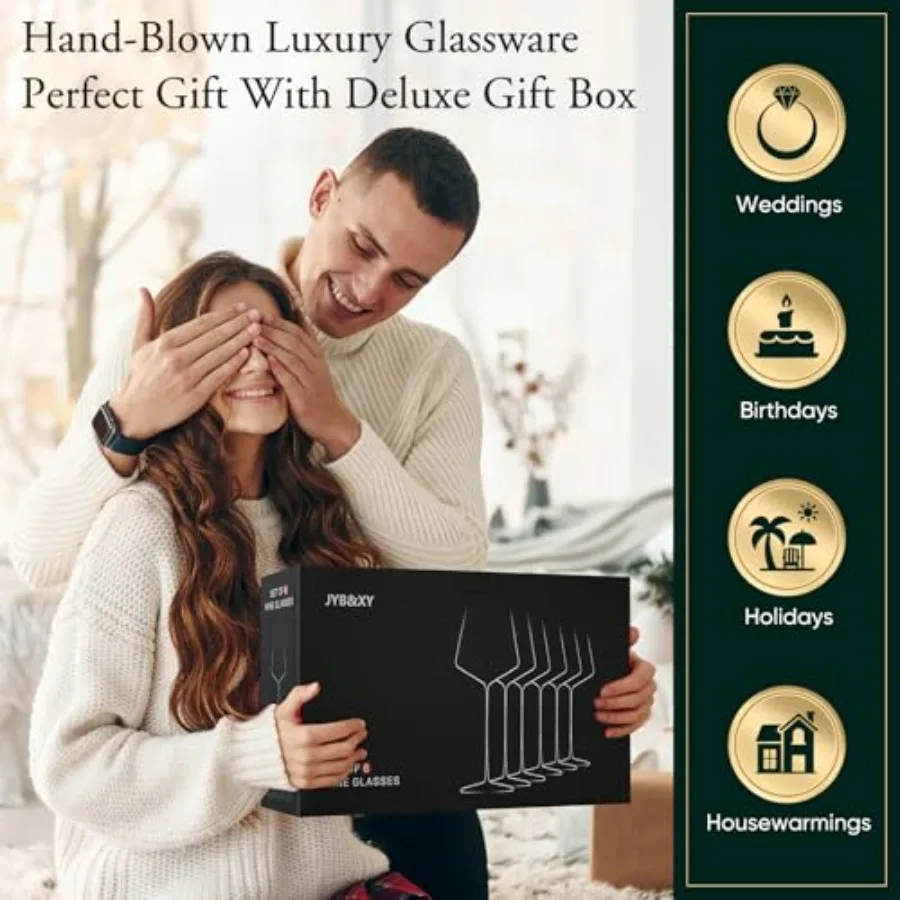 Colorful HandBlown Crystal Wine Glasses Set of 6 19oz with Unique Long Stem for Elegant Dinner Parties Wedding Anniversary Chri