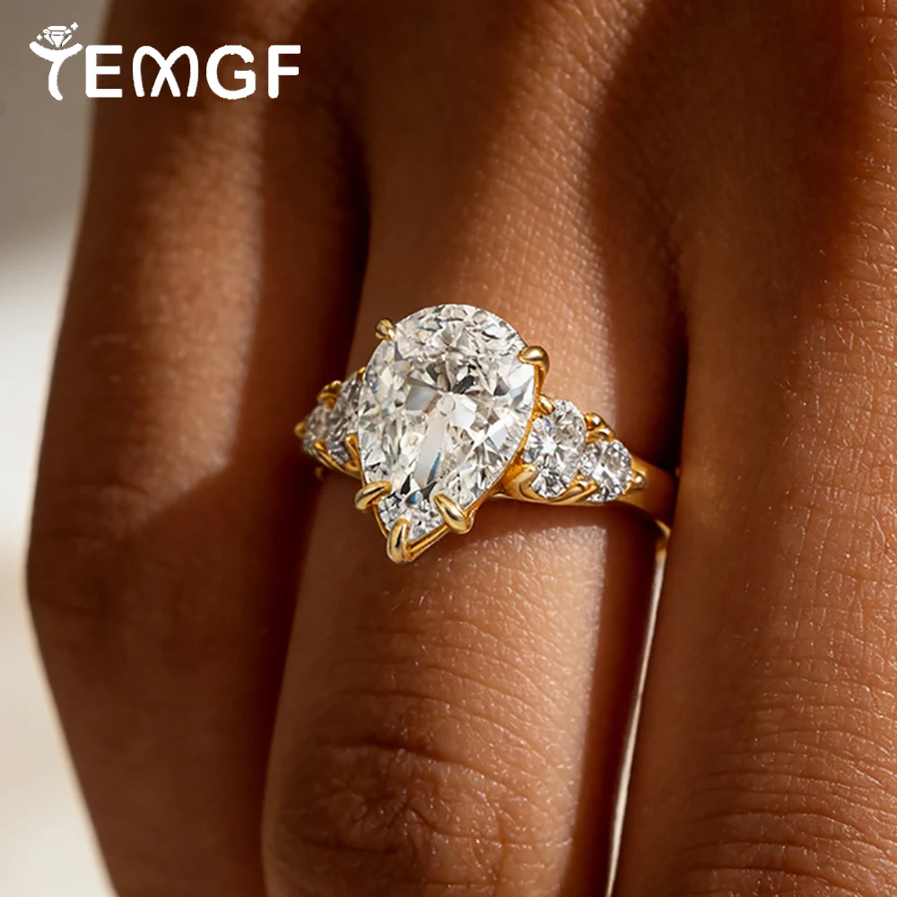 

TEMGF Luxury 4CT Pear Shape Moissanite/Zircon Ring for Women S925 Silver Sparkling Proposal Engagement Wedding Ring Jewelry