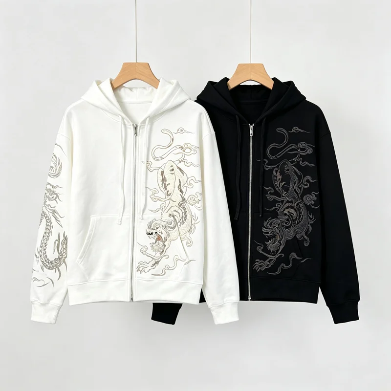Double Zipper Derschutze Hoodie Front Embroidery Tiger Pattern Sleeve Dragon Label Pullovers American Loose Sweatshirts Clothes