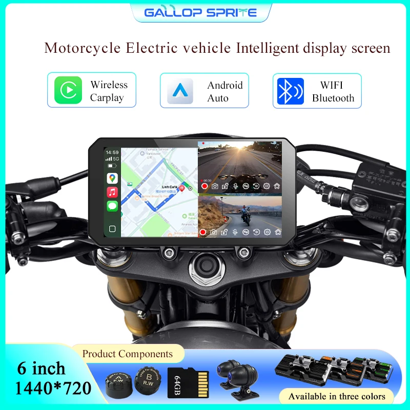 Gallop Sprite 6 inch Portable Motorcycle DVR GPS Navigation Display Screen Wireless Carplay Android Auto Monitor IP67 Waterproof