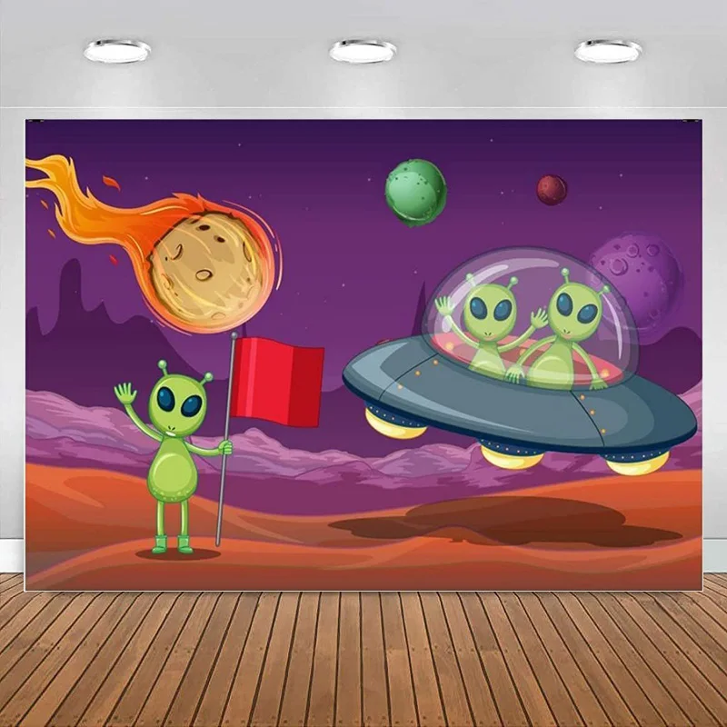 UFO Alien Backdrop Boy Happy Birthday Space Universe Galaxy Mars Background for Newborn Baby Party Decoration Photography Banner