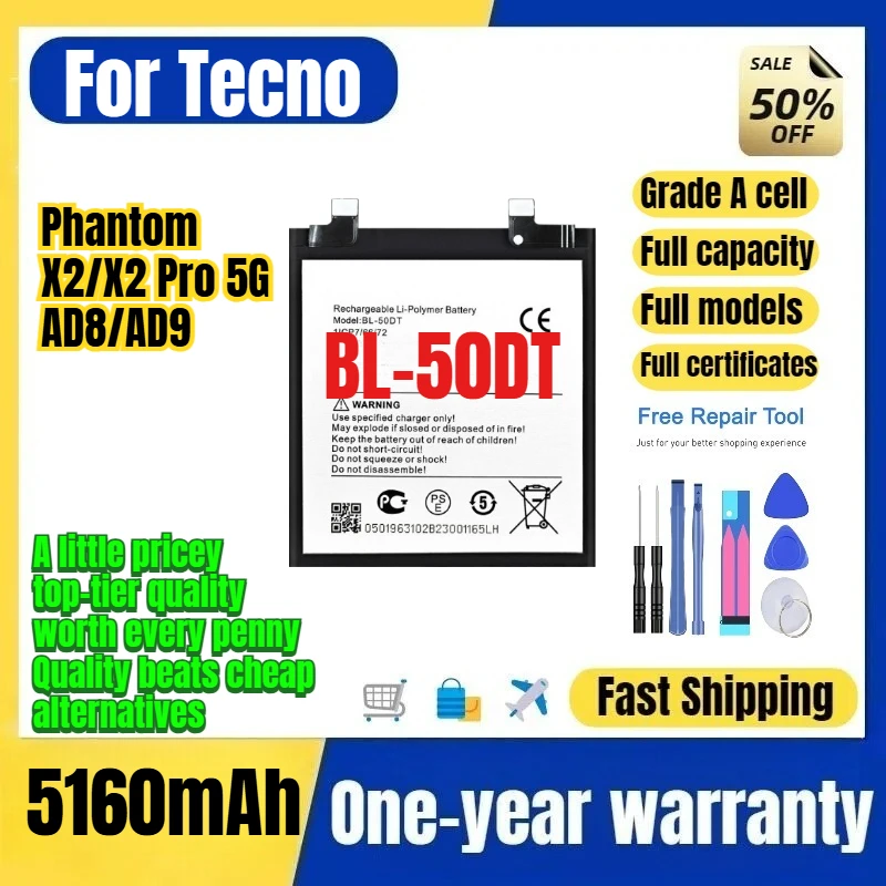 BL-50DT for Tecno Phantom X2/X2 Pro 5G/AD8/AD9 Phone Battery High Quality Capacity Replacement Bateria Grade A Cell with Tools