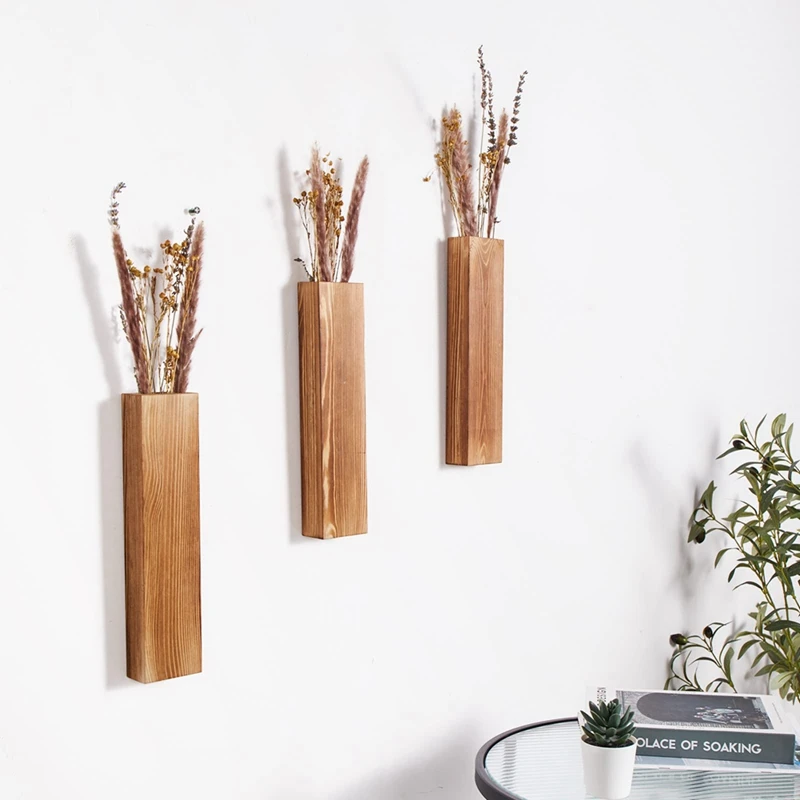 Wall Planters For Indoor Plants Wood Wall Decor For Bathroom, Room For Dried Flowers And Faux Greenery Plants Wood Color 3Piece