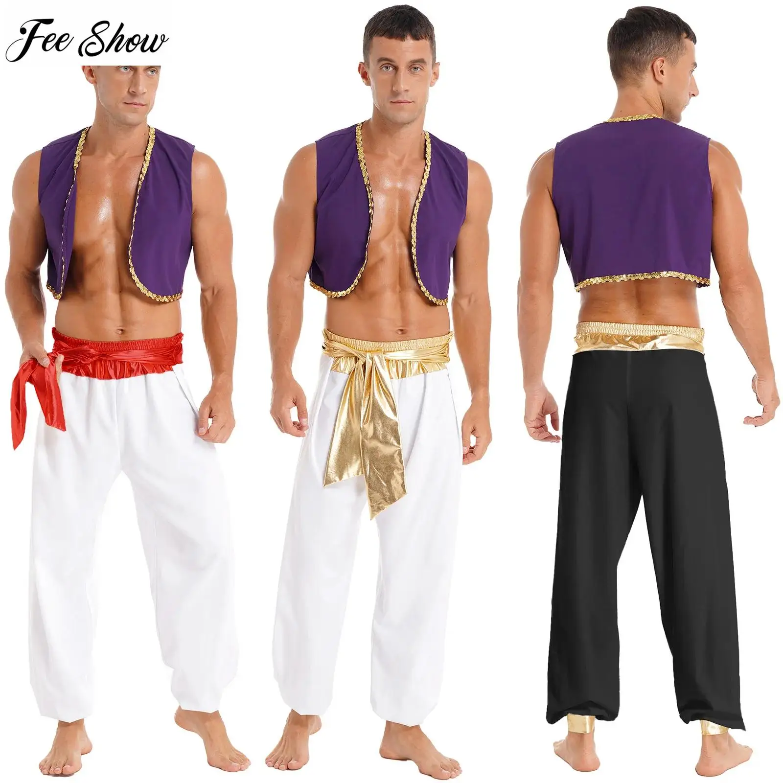 Mens Arabian Prince Lamp Costume Halloween Adult Persian Role Play Outfit 2 Pieces Open Front Vest with Harem Pants