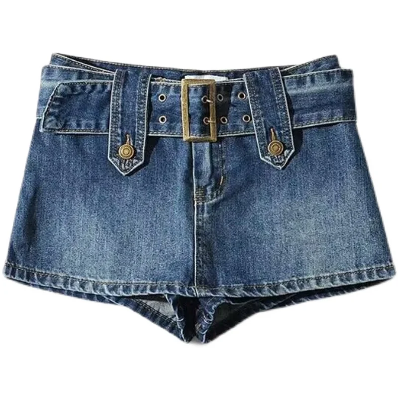 Sexy ort jupe trapèze taille haute Denim ceinturée femmes rue Sle Anti-lumière Super ort jupe pantalon rétro taille large...