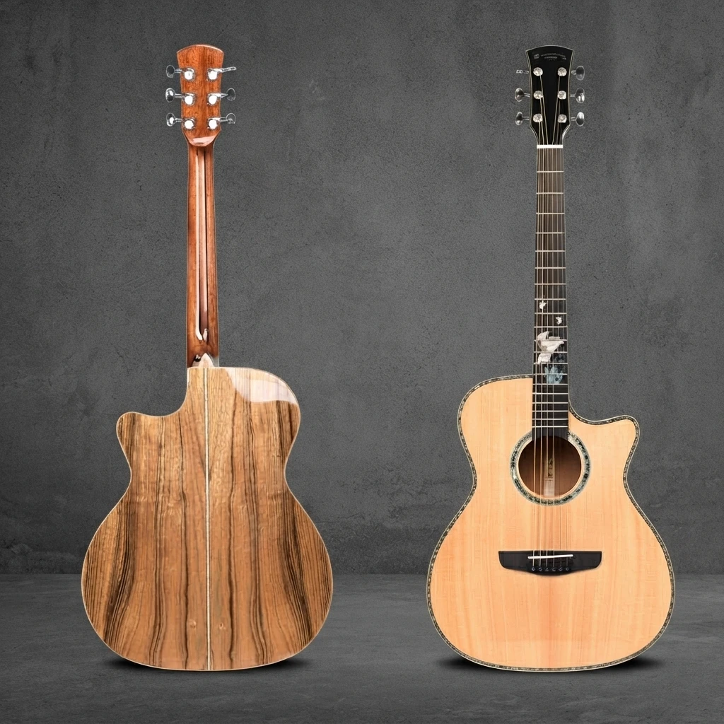 Exotic Striped GA Cutaway Guitar, Acoustic Folk Style, Solid Top, Decorative Rosette, Chrome Tuners, 6 Strings for Amateurs