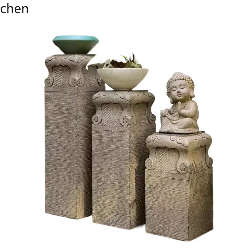 

HTT courtyard outdoor floor antique stone column cement base bonsai shelf auspicious cloud column stone pier town house
