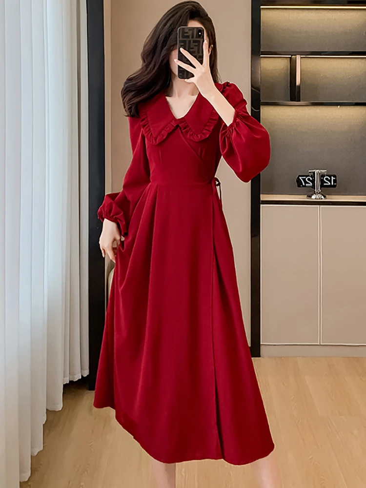 가을 겨울 레드 긴 소매 러플 달러 칼라 롱 드레스 여성 빈티지 럭셔리 이브닝 드레스 2025 한국 우아한 프로모션 드레스