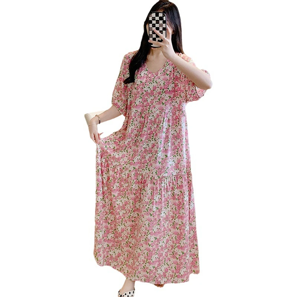 

Women Summer Large Size Long Sleepdress Short Sleeve Breathable Viscose Nightgown Thin Floral Printed Nightdress Loose Homewear