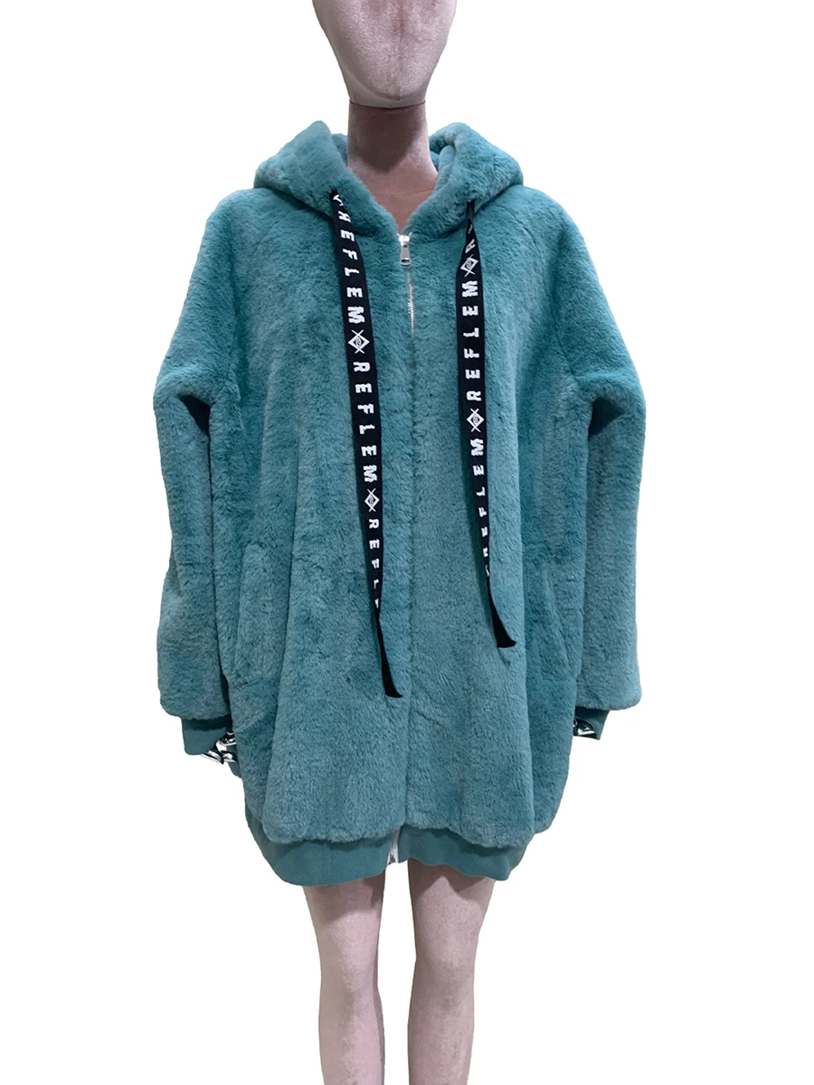 Autumn Winter Sweet Cute Faux Fur Coat Women with Bunny Ears Zipper Kawaii Loose Japanese Style Clothes Fluffy Jacket Hoodie