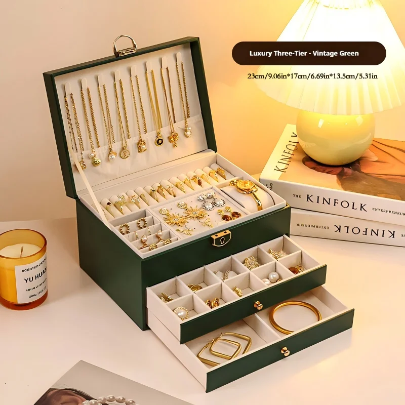 Boîte à bijoux verrouillable à 3 étages, grande capacité, organiseur de bijoux, coffret de rangement, cadeau de la Saint-Valentin pour femmes