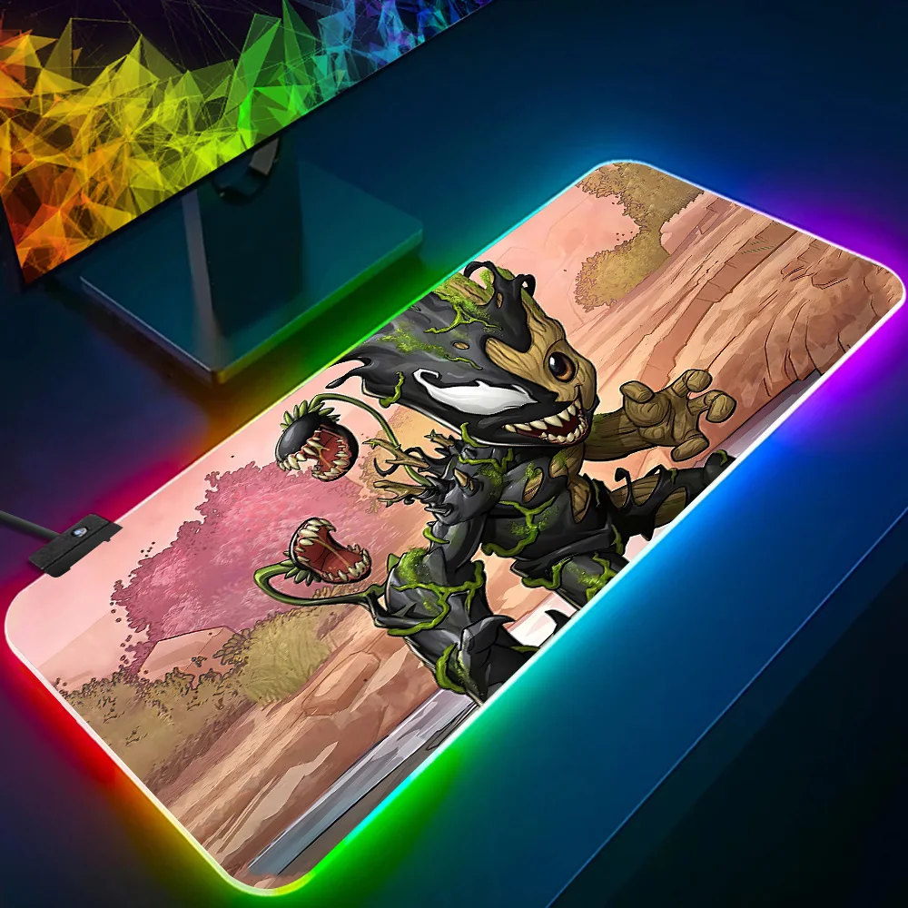 Baby Groots alas Mouse Keyboard Gamer Pc RGB, alas Mouse Pad bercahaya LED, bantalan Mouse game karet komputer