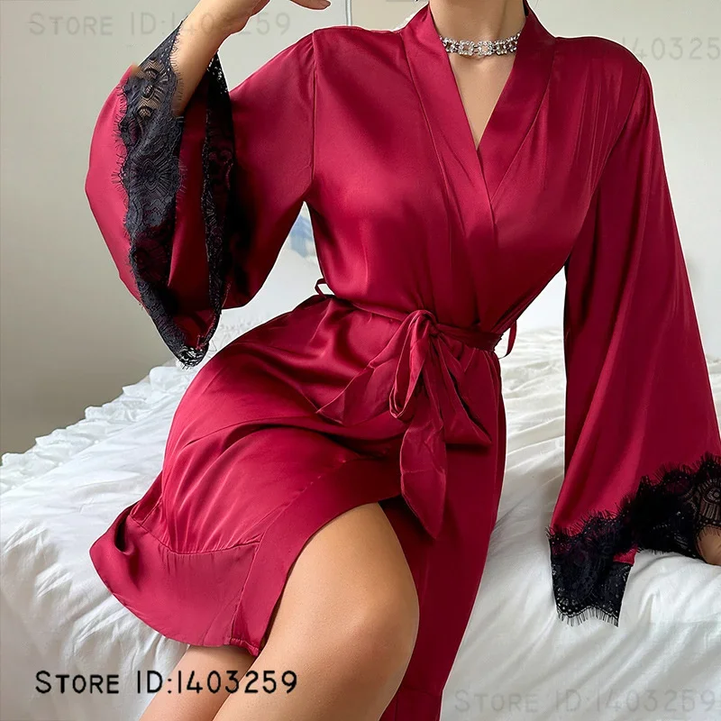 

Burgundy Wedding Robe Night Dress Sexy Lace Trim Kimono Bathrobe Gown Loungewear Summer New Women Homewear Sleepwear Nightgown