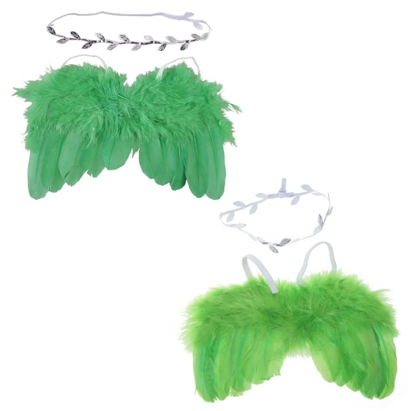 Angel Feathers Wings Photo Props with Leaves Headband White Infant Angel Wing Hairband Photography Props Costume Infant