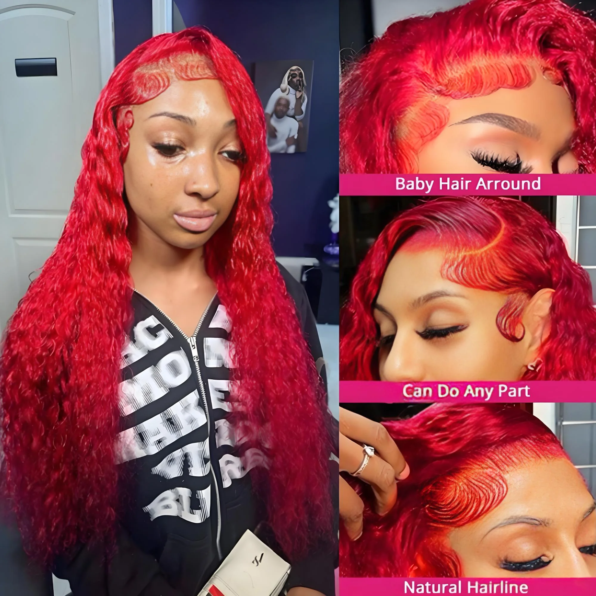 RED Deep Curly Wigs Human Hair 99J 13x4 13x6 Hd Lace Frontal Wig Colored Water Wave Lace Front Wig for Women 30 36 38 Inch - Image 4