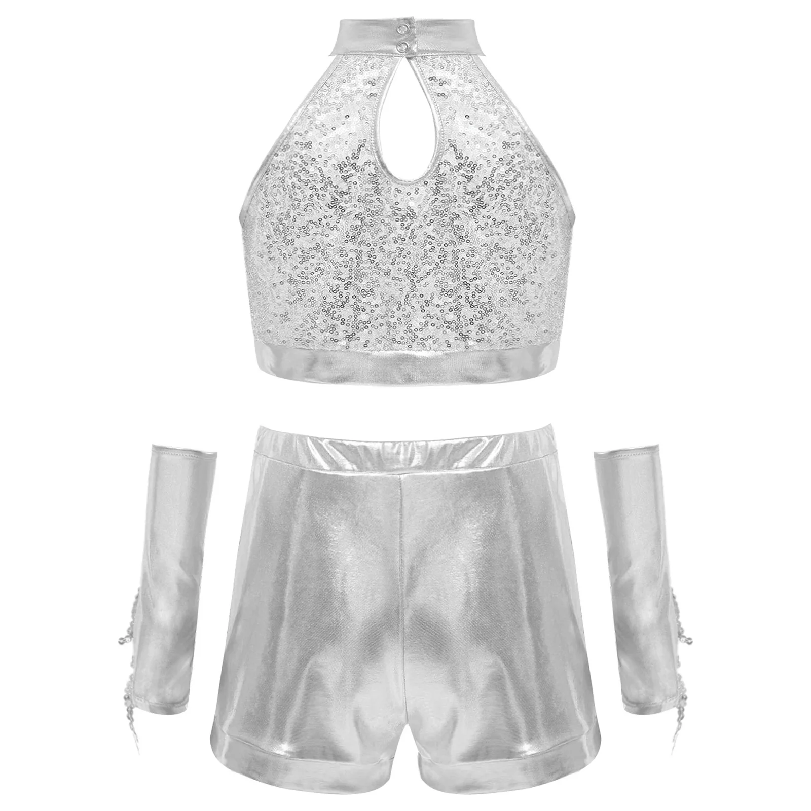 Kids Girls Latin Jazz Dance Performance Costume Sleeveless Keyhole Back Glittery Sequin Crop Top+Shorts+1 Pair Tassels Gloves