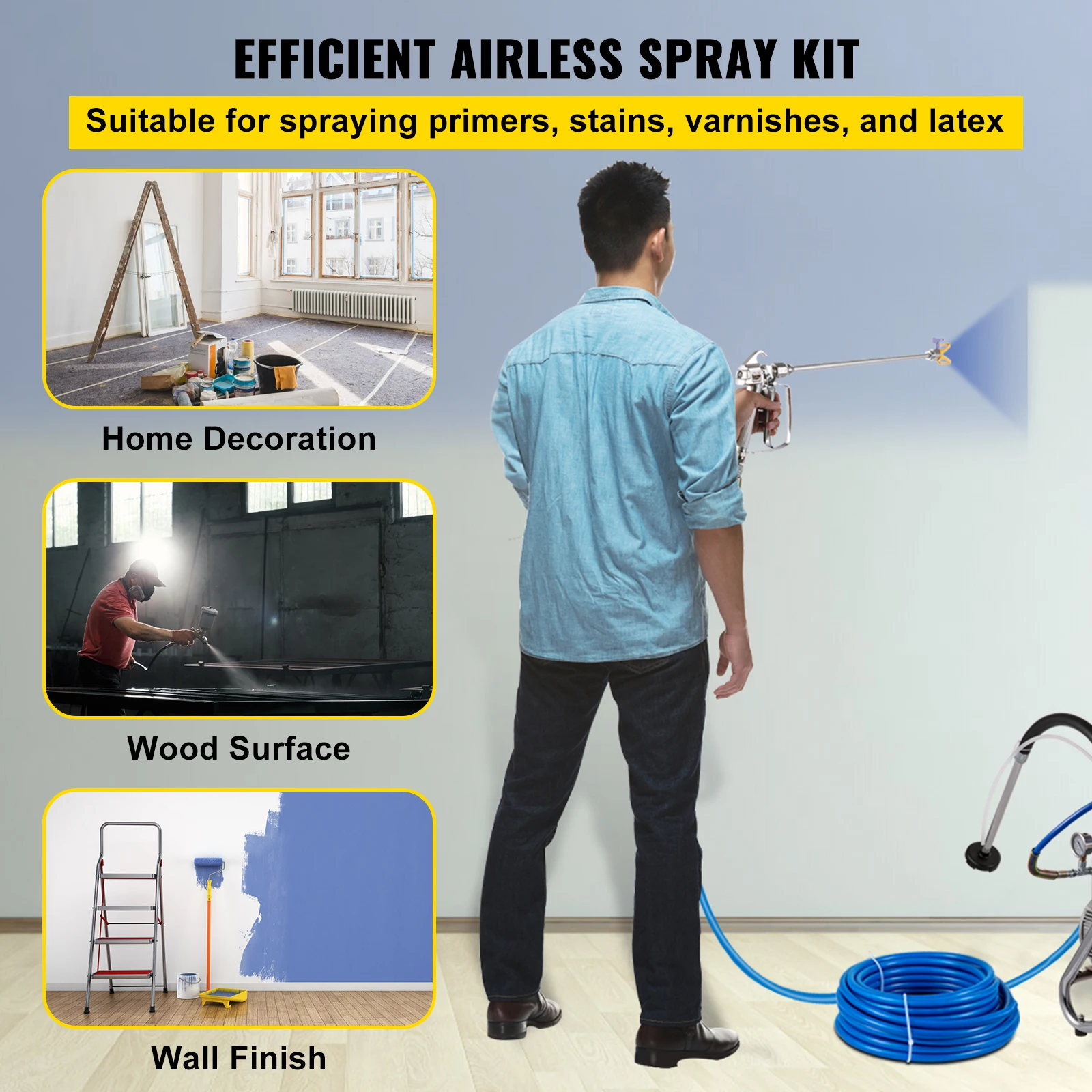 VEVOR Kit Spruzzo di Vernice Airless con Tubo di Spruzzatura, 3600 psi Lunghezza del Tubo 50 Piedi Blu Tubo per Spruzzatore Senz'Aria per Spruzzare Aree Alte, Basse o Incassate Come Soffitti e Scale