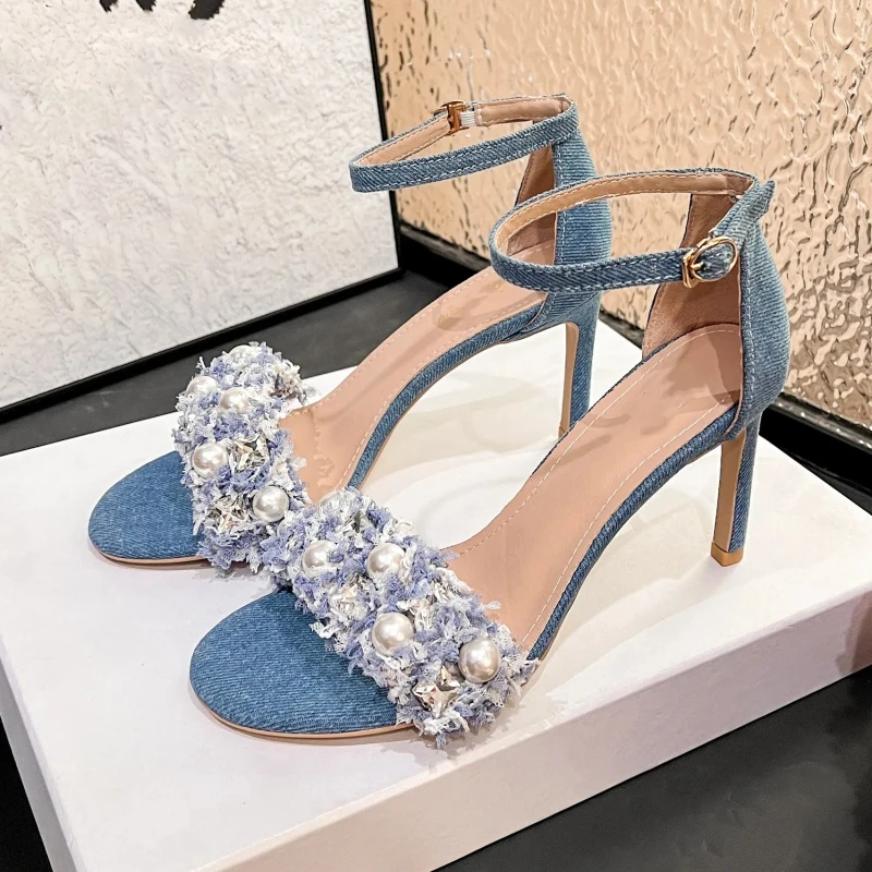 

New Summer Women's High-heeled Sandals with Pearl Flowers, Stilettos, Round Toe, Open Toe, Versatile, One-strap Denim High Heels