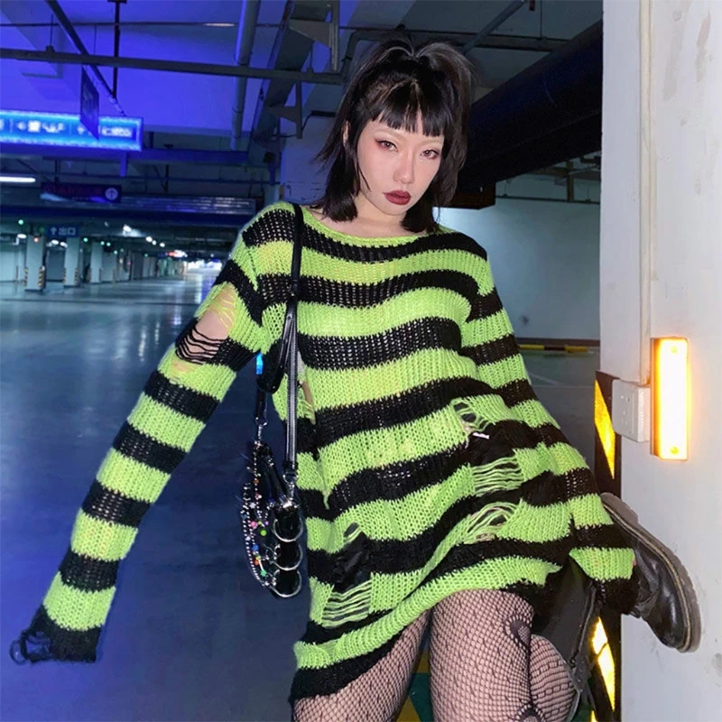 Women Crochet Knit Long Sleeve Sweater Harajuku Gothic Punk Striped Ripped Hole Pullover Top Oversized Broken Dress