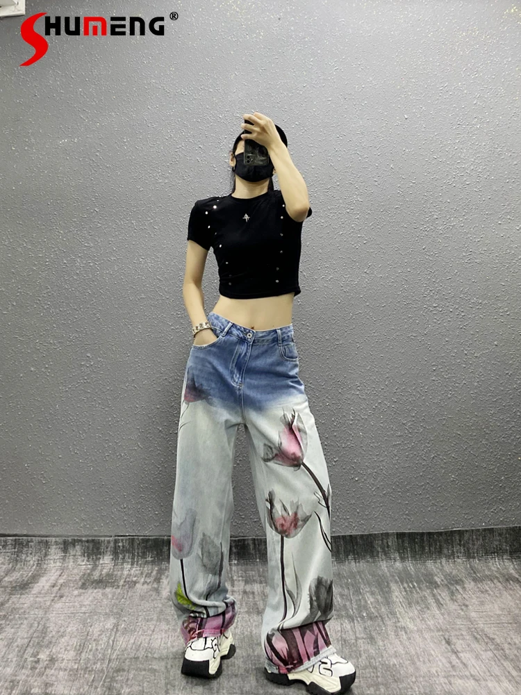 Women's 2024 Summer High Waist Denim Trousers Loose Versatile Straight Wide-Leg Denim Pants Ink Multicolor Printing Casual Jeans