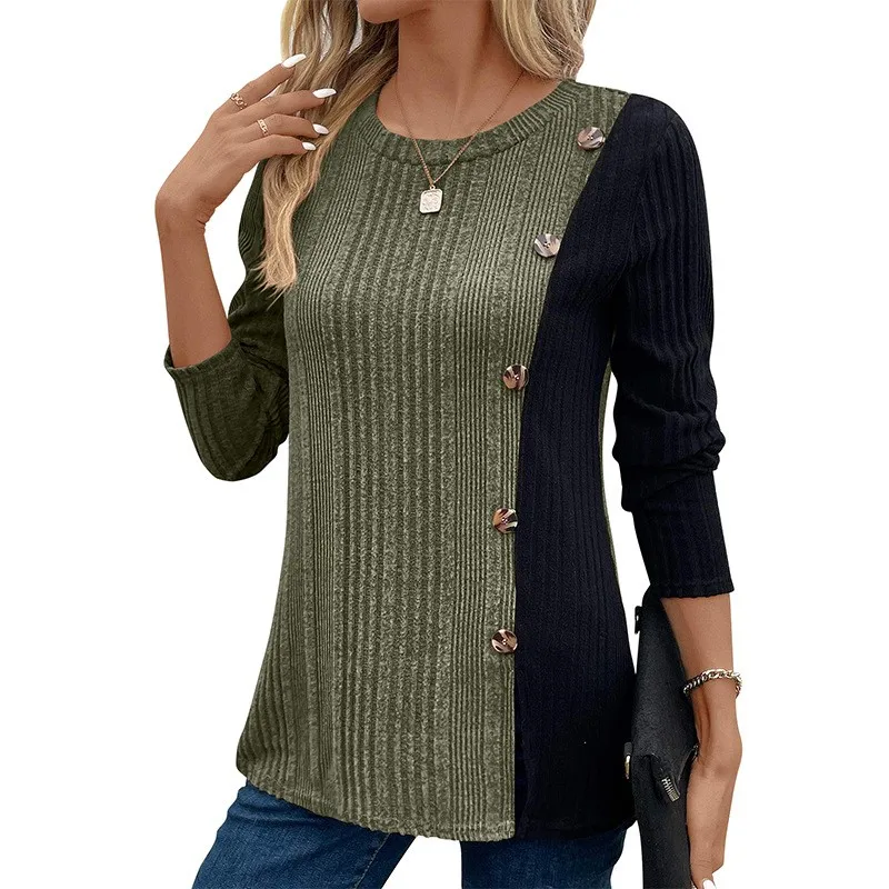 Button-stitched Color-blocked Round Neck Long-sleeved Pullover Top Women Spring Summer Versatile Commuting Versatile T-shirt Top