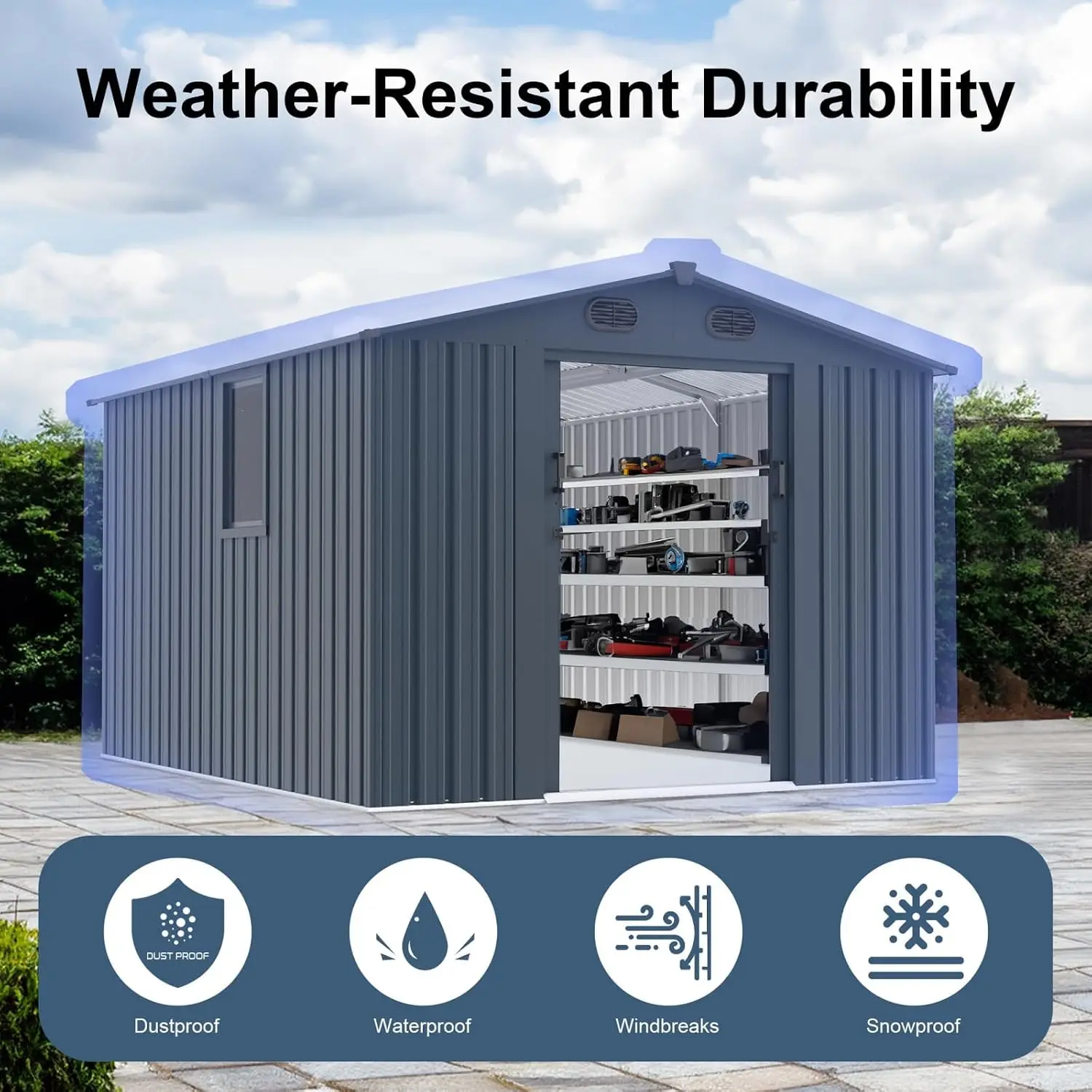 8x10 FT Outdoor Storage Shed, Large Metal Tool Sheds with Window and Lockable Doors, Garden Shed for Backyard, Customized