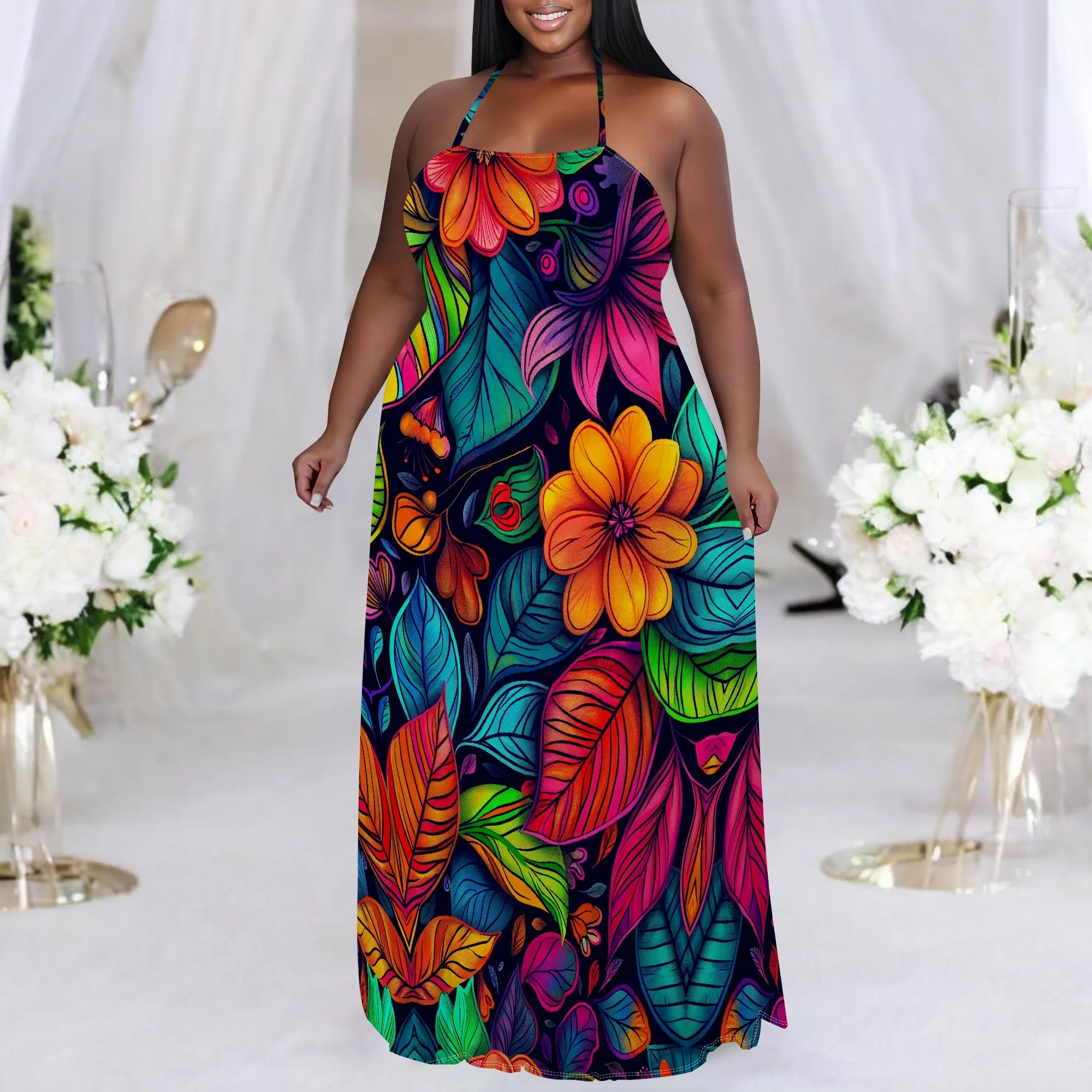 Plus Size Halter Maxi Dress XL-6XL Women's Vibrant Tropical Floral Summer Gown