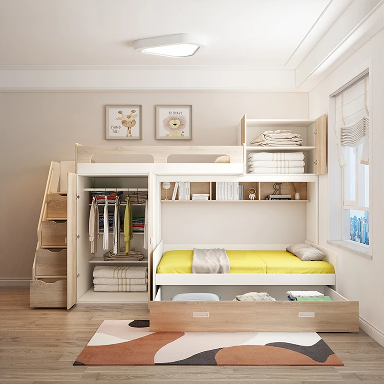 *New Style Wood Grain Double Bunk Bed Storage for Kids Bunk Bed with Wardrobe