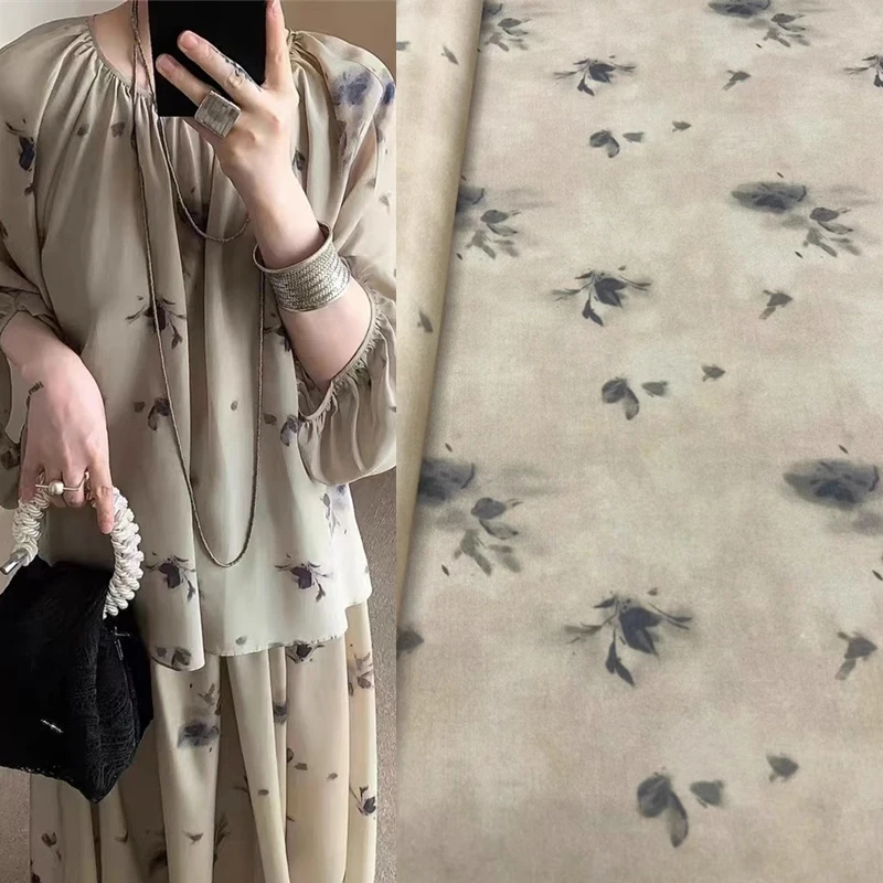 Fashion Classic Halo Dye Series Beige Bottom Print Silk Elastic Crepe Double Fabric Dress Half Skirt Set Clothing Sewing Fabrics