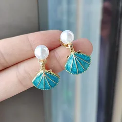 Summer Style Seashell Pearl Pendant Earring Bohemian Gold Color Blue Shell Beach Jewelry for Women Temperament Souvenir Gift