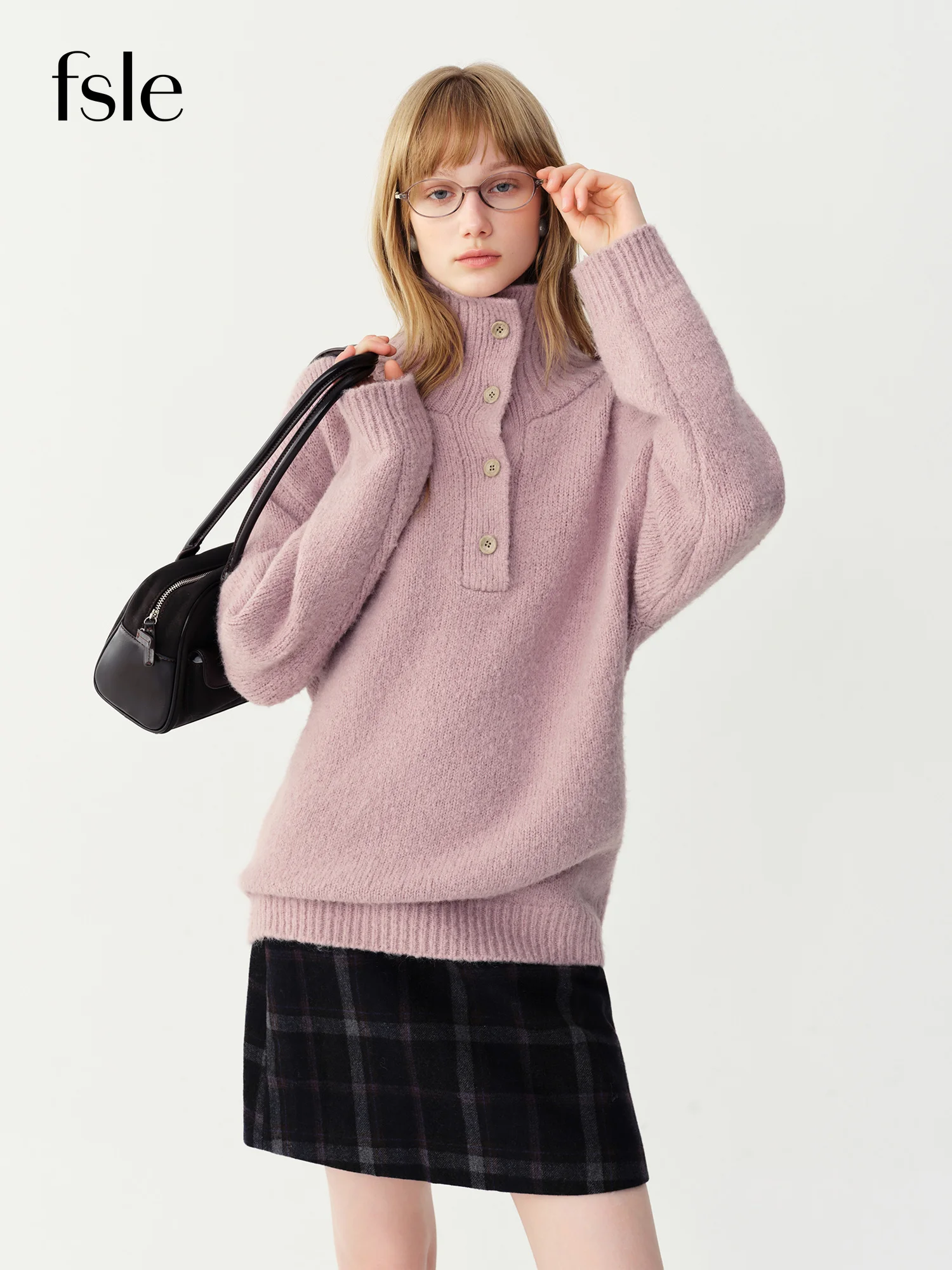 FSLE Women's Half-Button V-Neck Loose Wool Knit Sweater Winter 2026 New Arrival Raglan Sleeve Top Leisure Pink Purple Simple