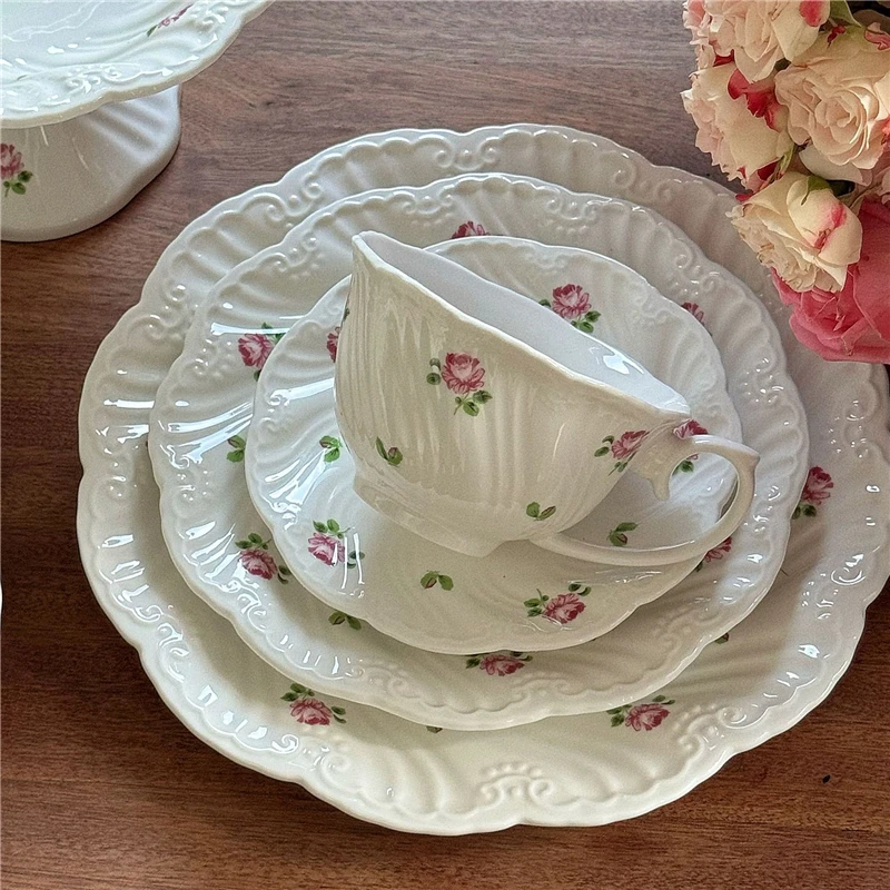 Juego de platos de cerámica, taza de café, platillo, hermoso vajilla, plato de postre de rosa Vintage, platos de cena, regalo, taza de té, suministros de cocina