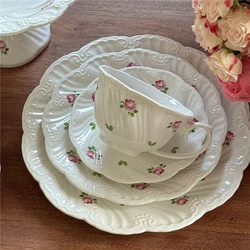 Ceramic Plate Set Coffee Cup Saucer Beautiful Tableware Vintage Rose Dessert Plate Dinner Dishes Gift Tea Cup Kitchen Supplies