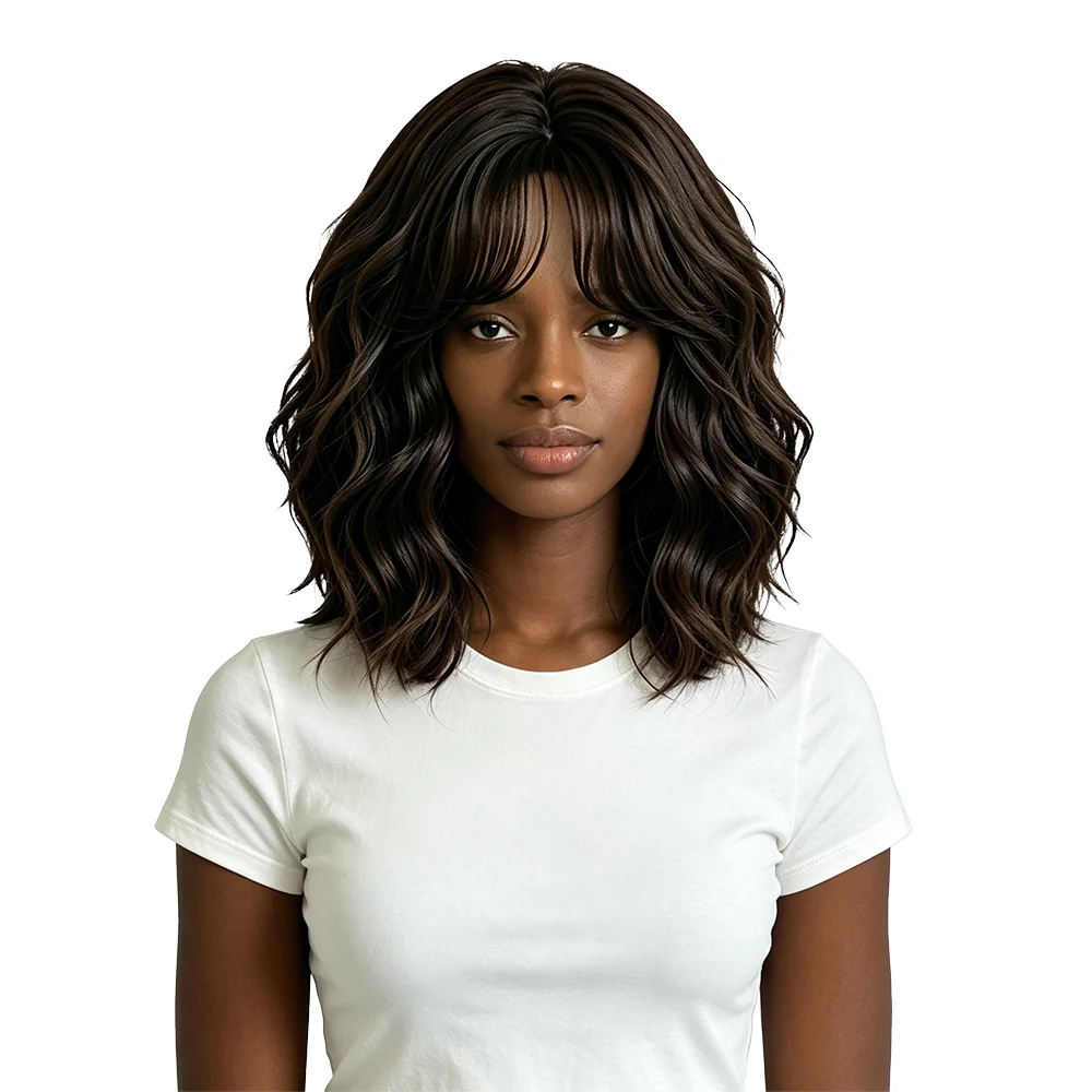 Black Women Dark Brown Fluffy Thick Water Wave Wig Women Shoulder Length Big Wave Heat Resistant Full Wig Daily Party Curly Hair