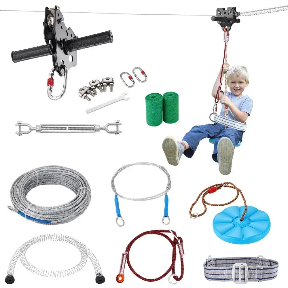 

100FT ZIPLINE KIT UP TO 500LB STAINLESS STEEL CABLE Brake Safety Harness Quick Setup Outdoor Recreation for kids Adults