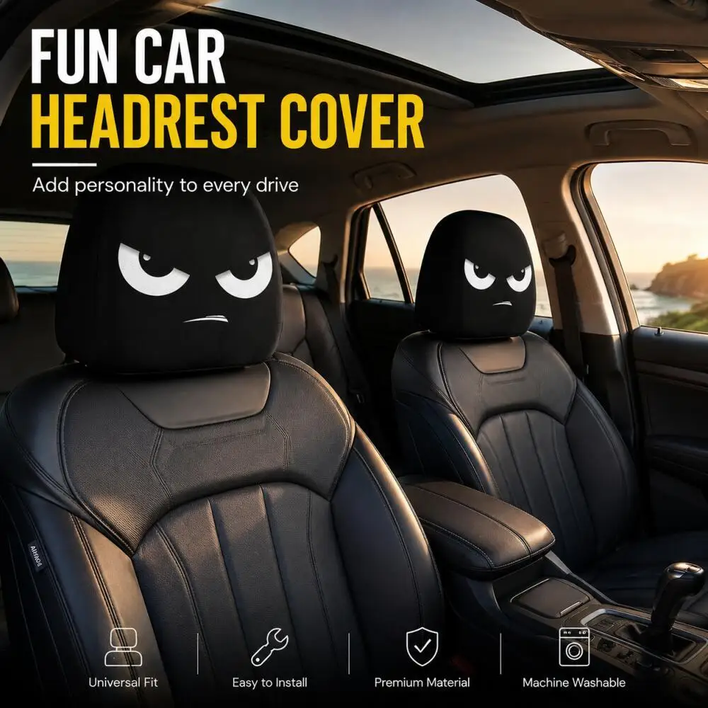 2PCS White Crooked Slant Eyes Car Headrest Covers 2D Double Print Universal Car Interior Decor Halloween Xmas Atmosphere Accesso