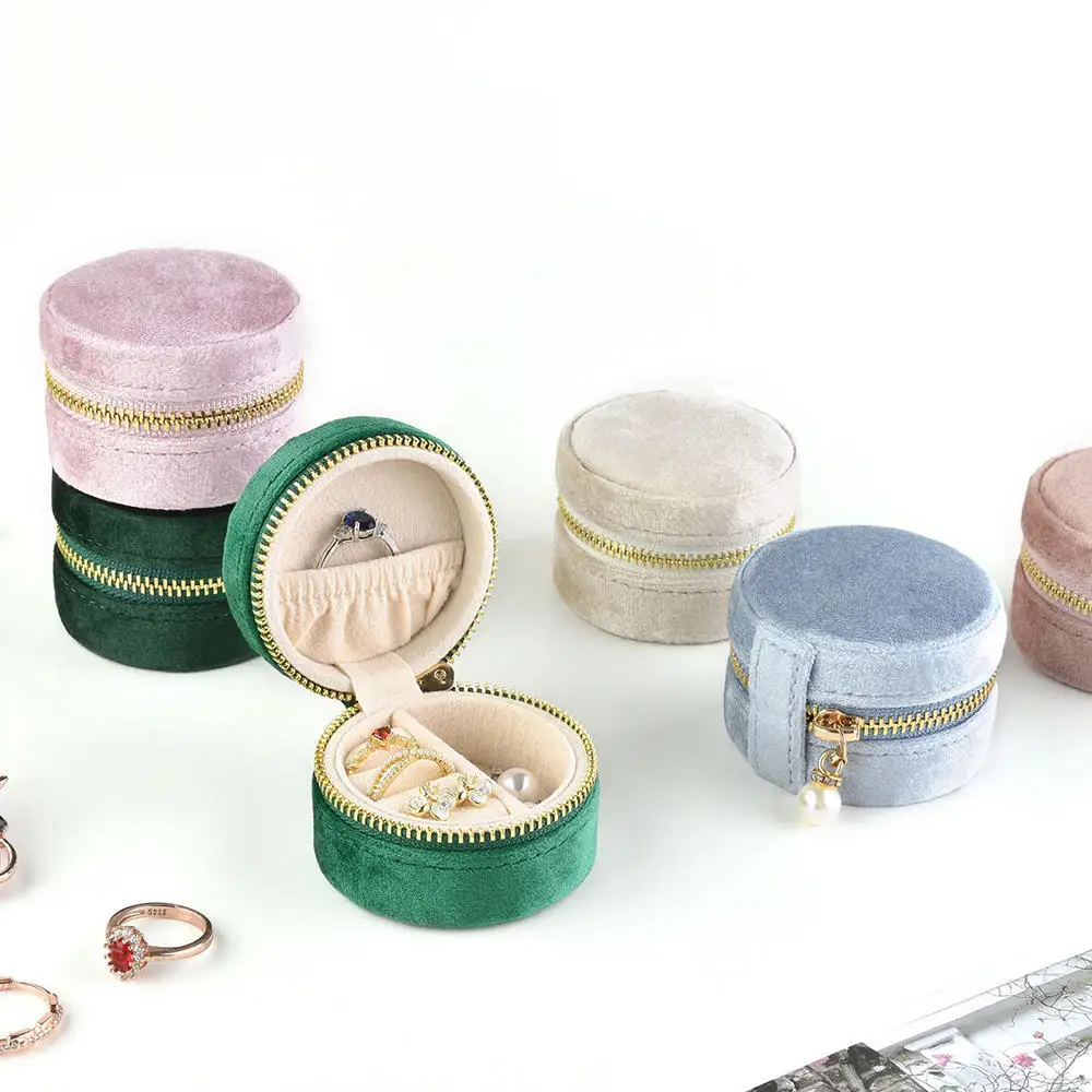 Mini Round Jewelry Box Anti-Scratch Velvet Earrings Ring Storage Case Portable Necklace Bracelet Zipper Box Gift Packaging