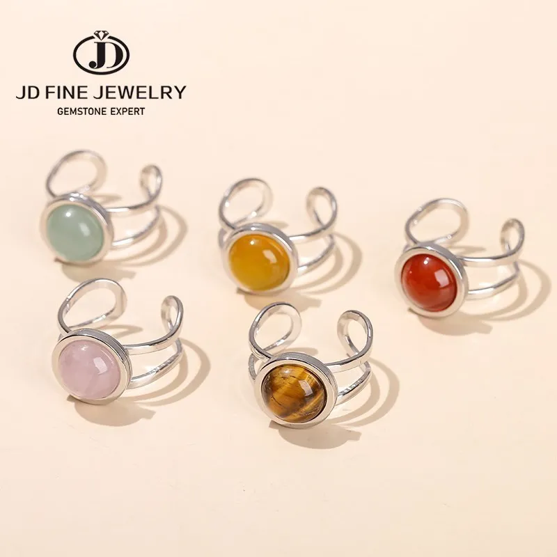 JD Natural Stone Agate Green Aventurine Round Cabochon Stainless Steel Open Rings Women Men Fashion Reiki Healing Energy Ring